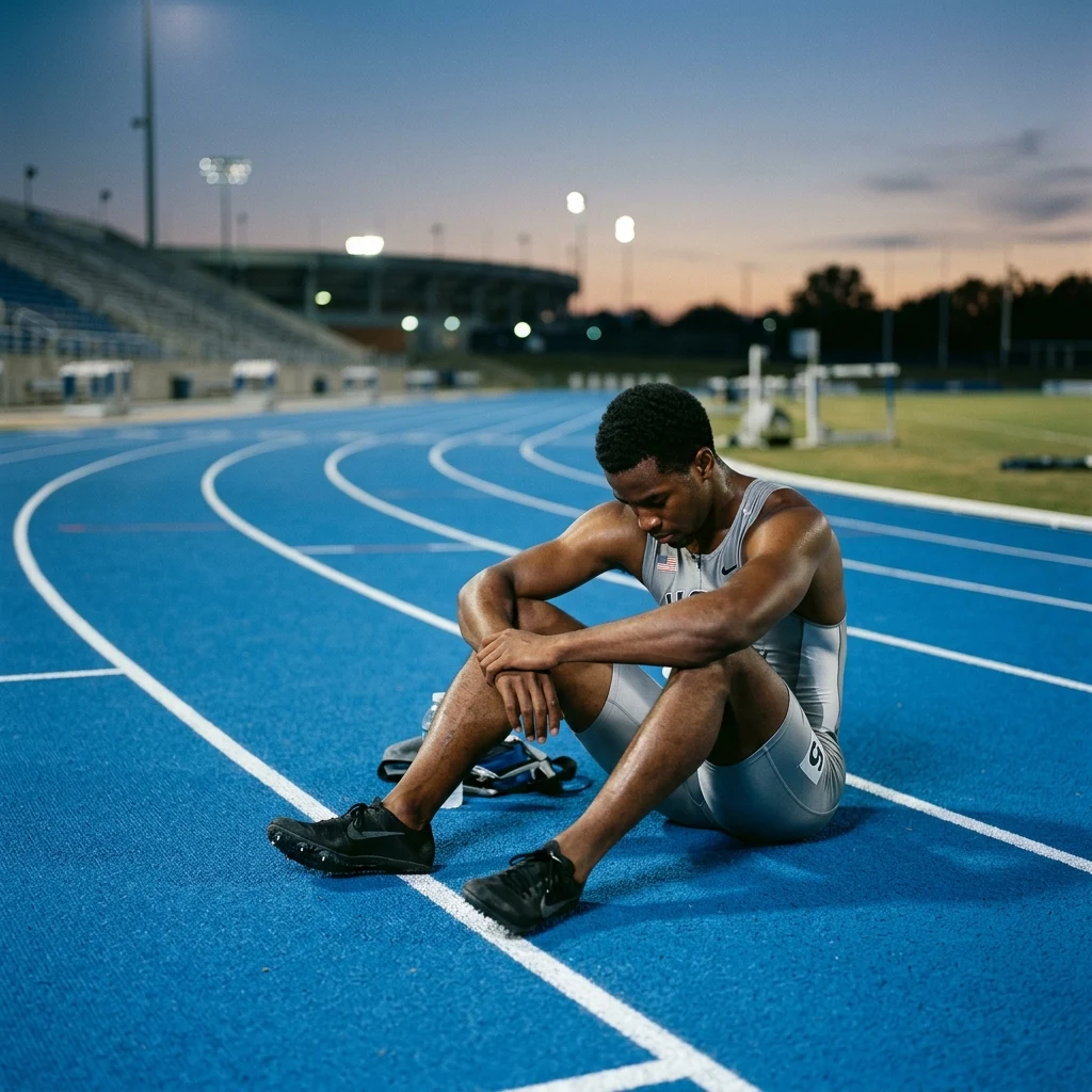 Athlete resting on a blue running track