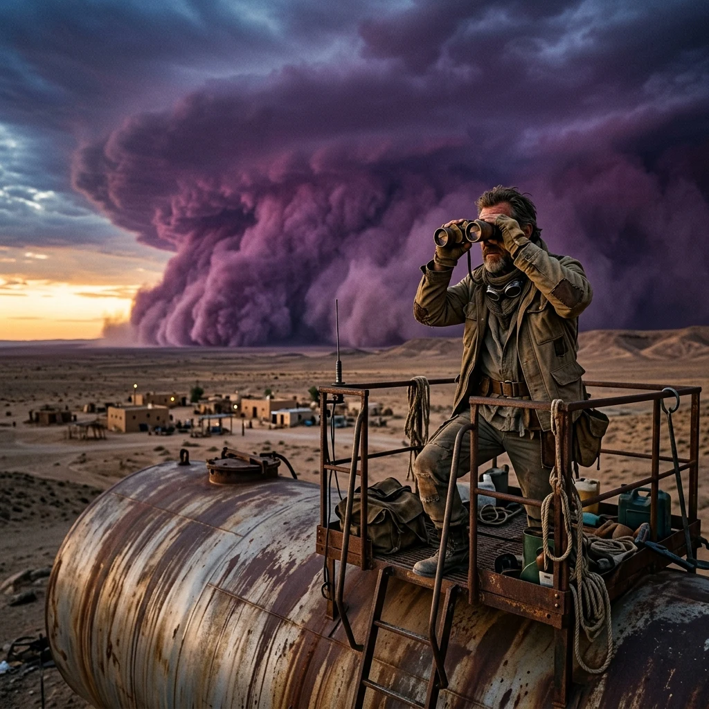 A desert scavenger perched on a rusted oil tank lookout tower
