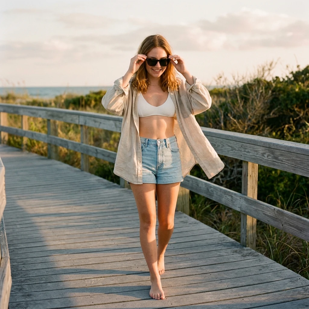 A 19-year-old woman wearing a skimpy ribbed white bikini under an open linen shirt