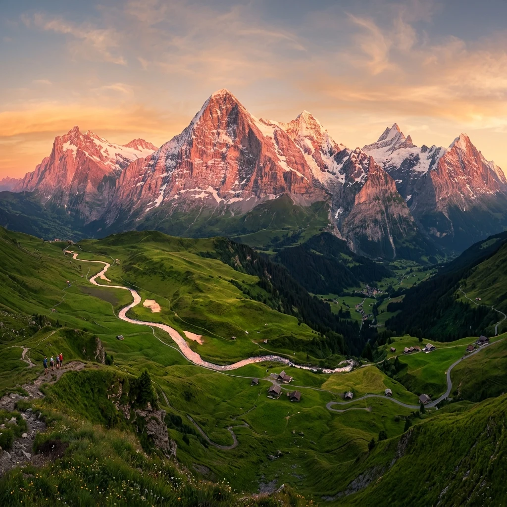 Alpine valley with river at sunset