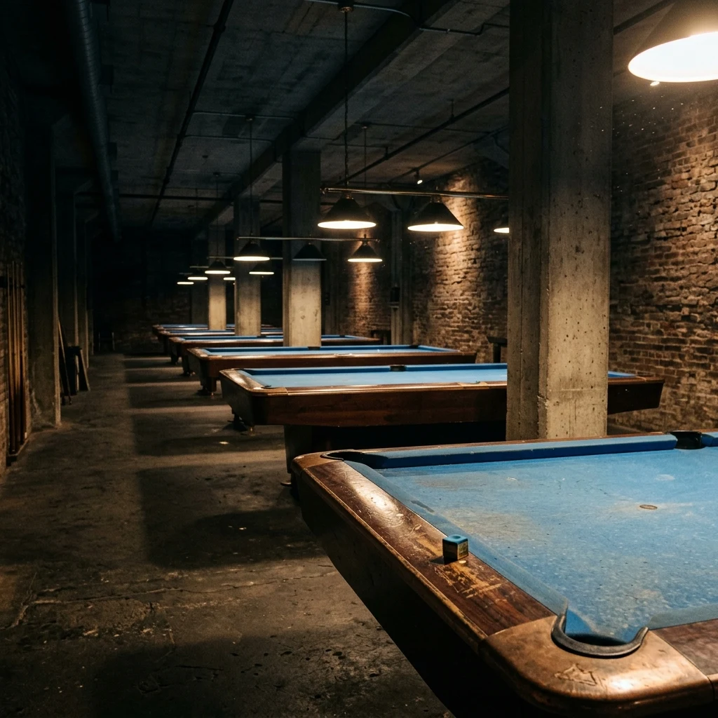 Quiet billiard room with dim lighting