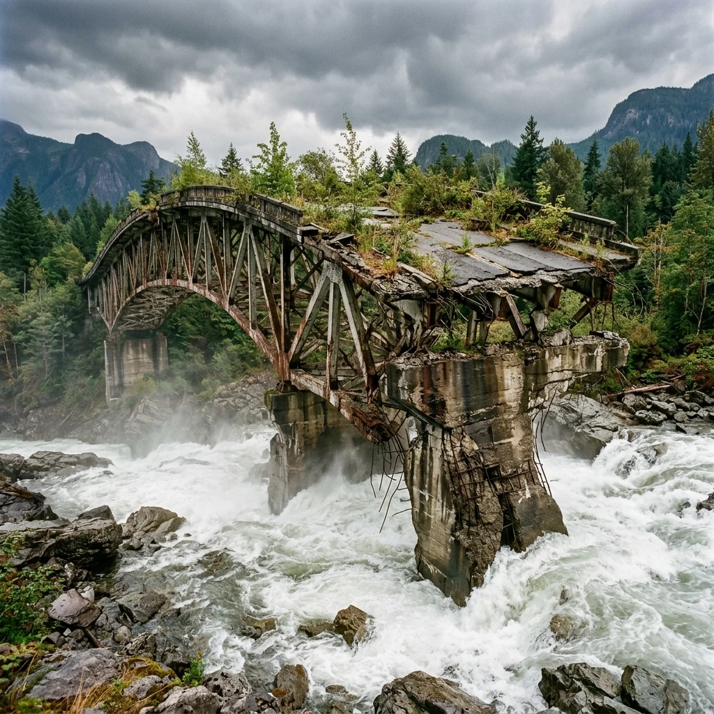A ruined urban bridge where trees have taken root in the concrete crevices