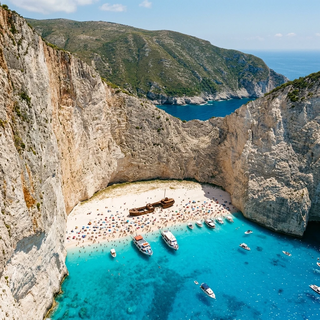 Crowded beach with a shipwreck in the cove