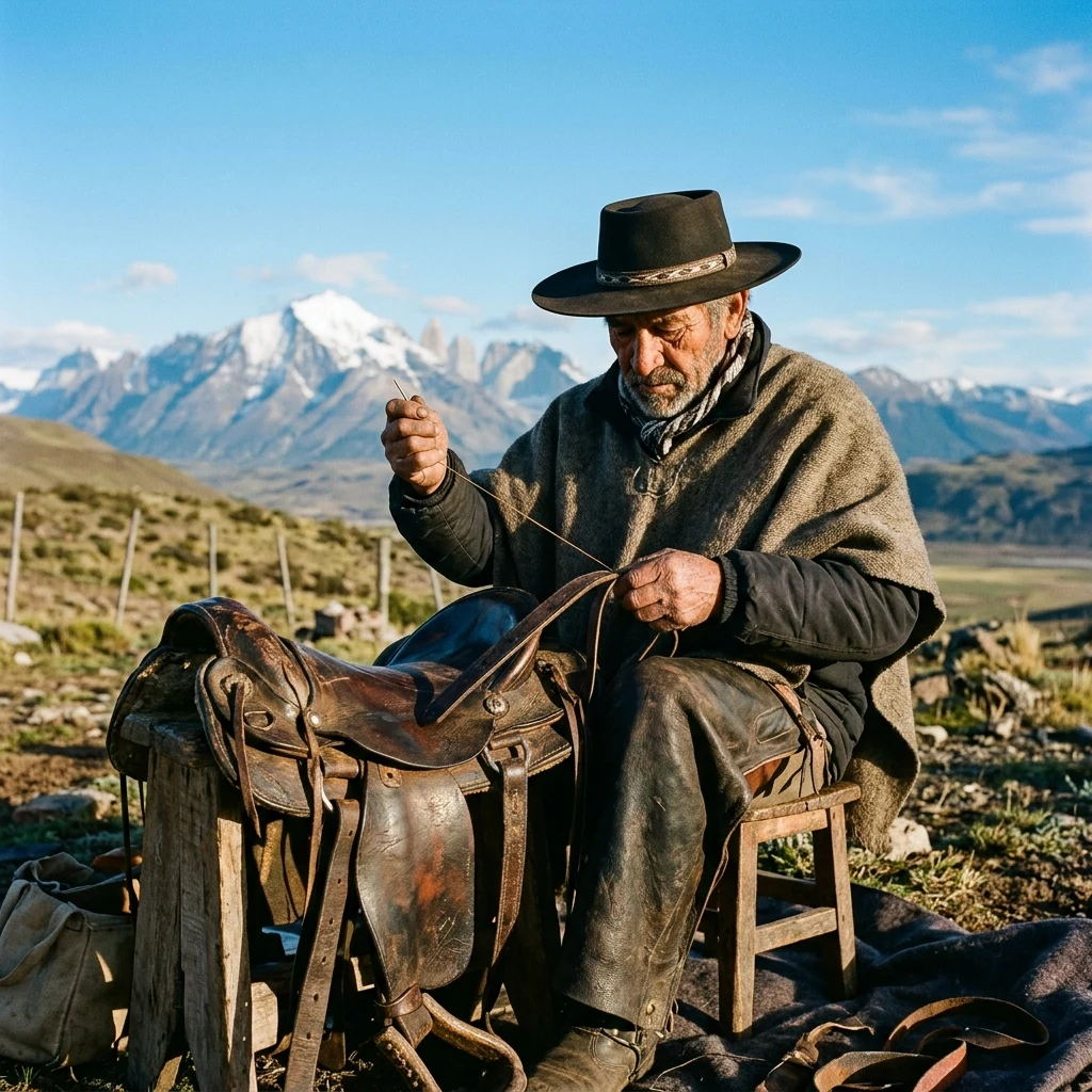 An elderly Chilean vaquero in a felt hat and leather chaps mending a saddle on a…