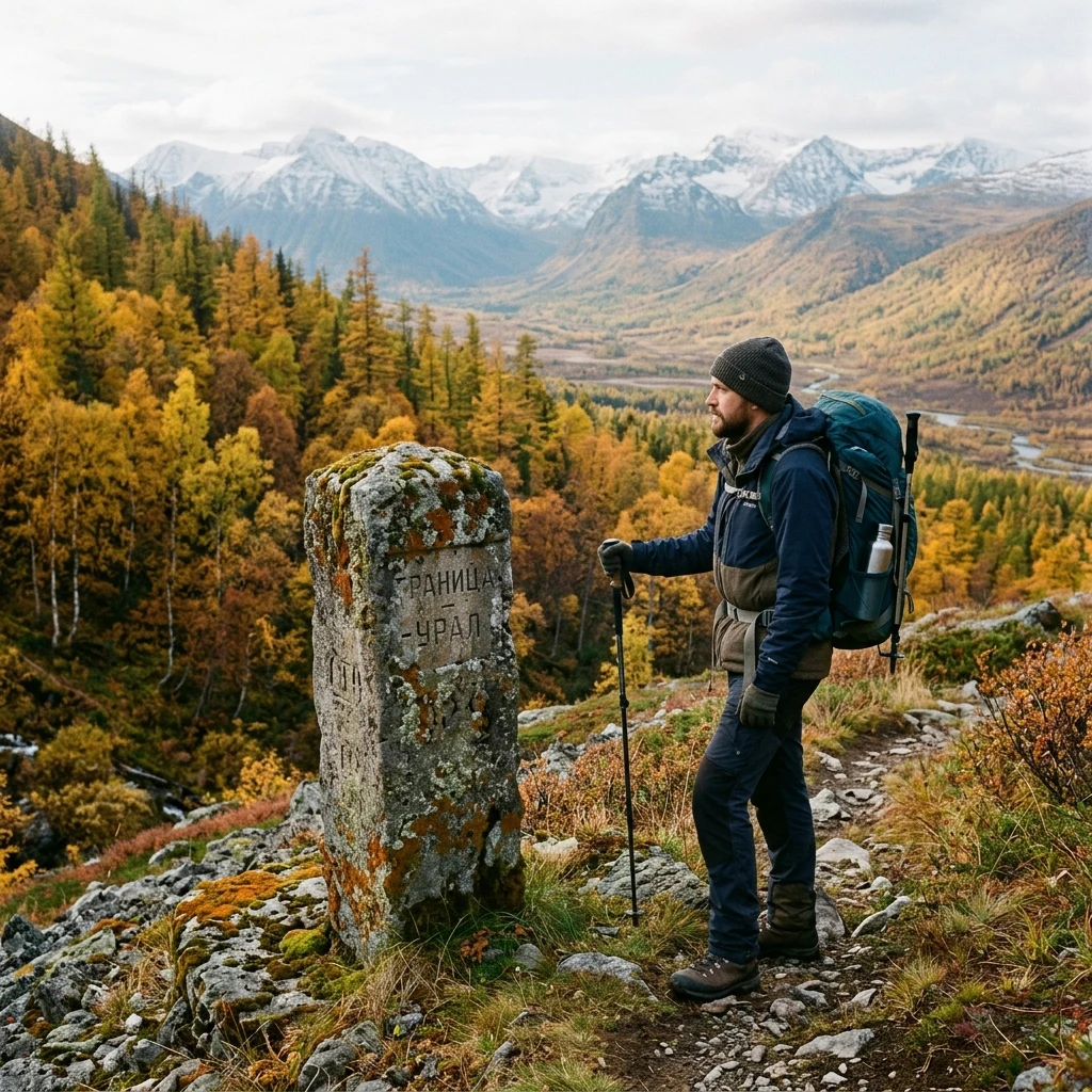 A lone traveller standing by an ancient stone boundary marker in the Ural Mountains