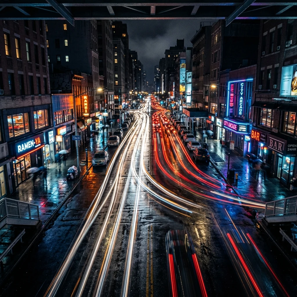 City street with colorful light trails at night