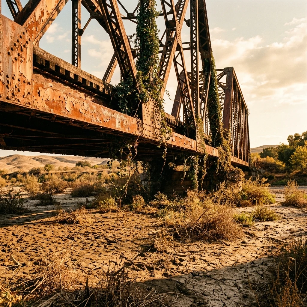 An abandoned iron bridge over a dried riverbed