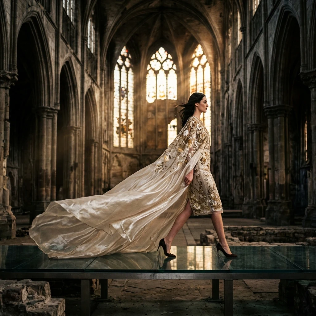A couture model in an oversized