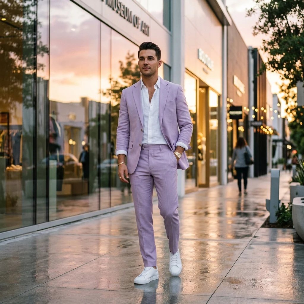 A man in a pastel suit with no tie and white sneakers in the Design District at golden…