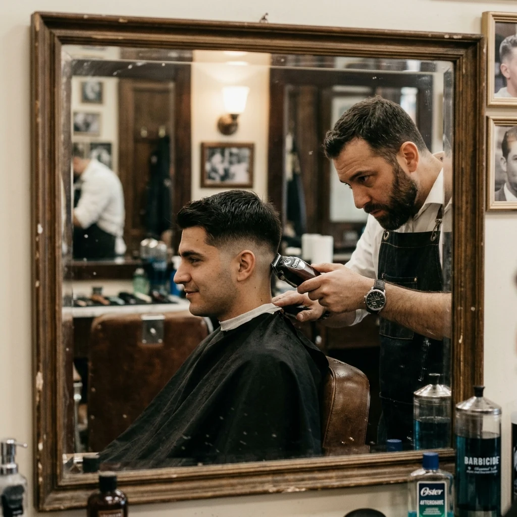 Barber giving a haircut in a shop