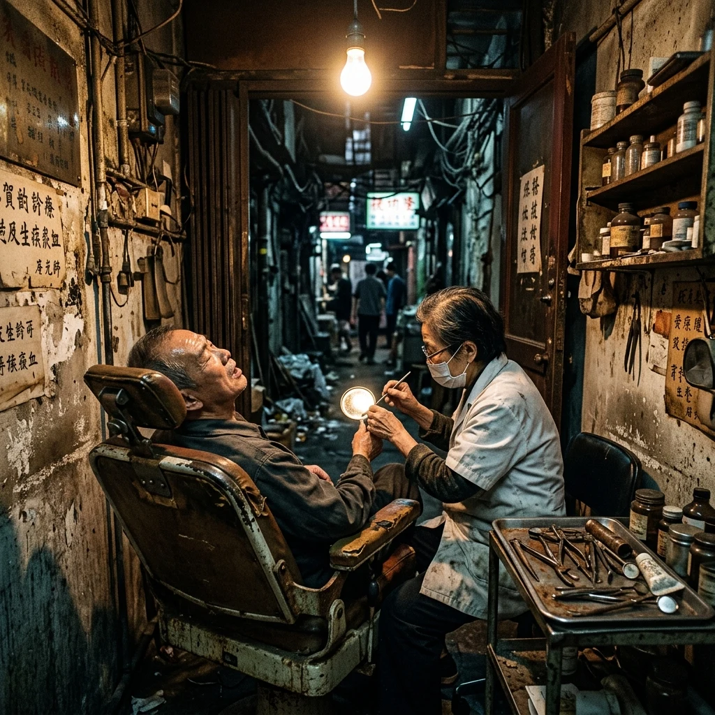 An illegal dentist clinic inside Kowloon Walled City at night