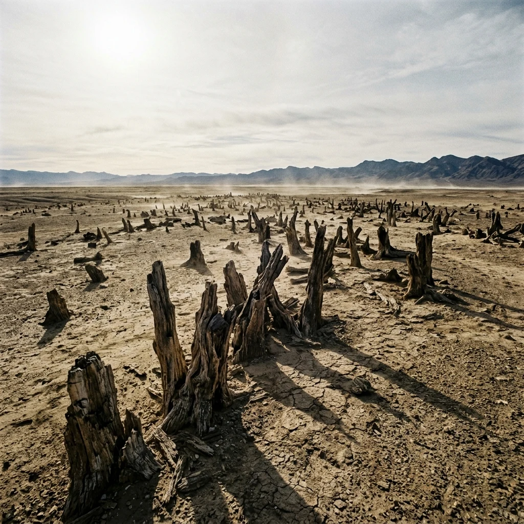 A vast desert plain dotted with the petrified remains of an ancient forest