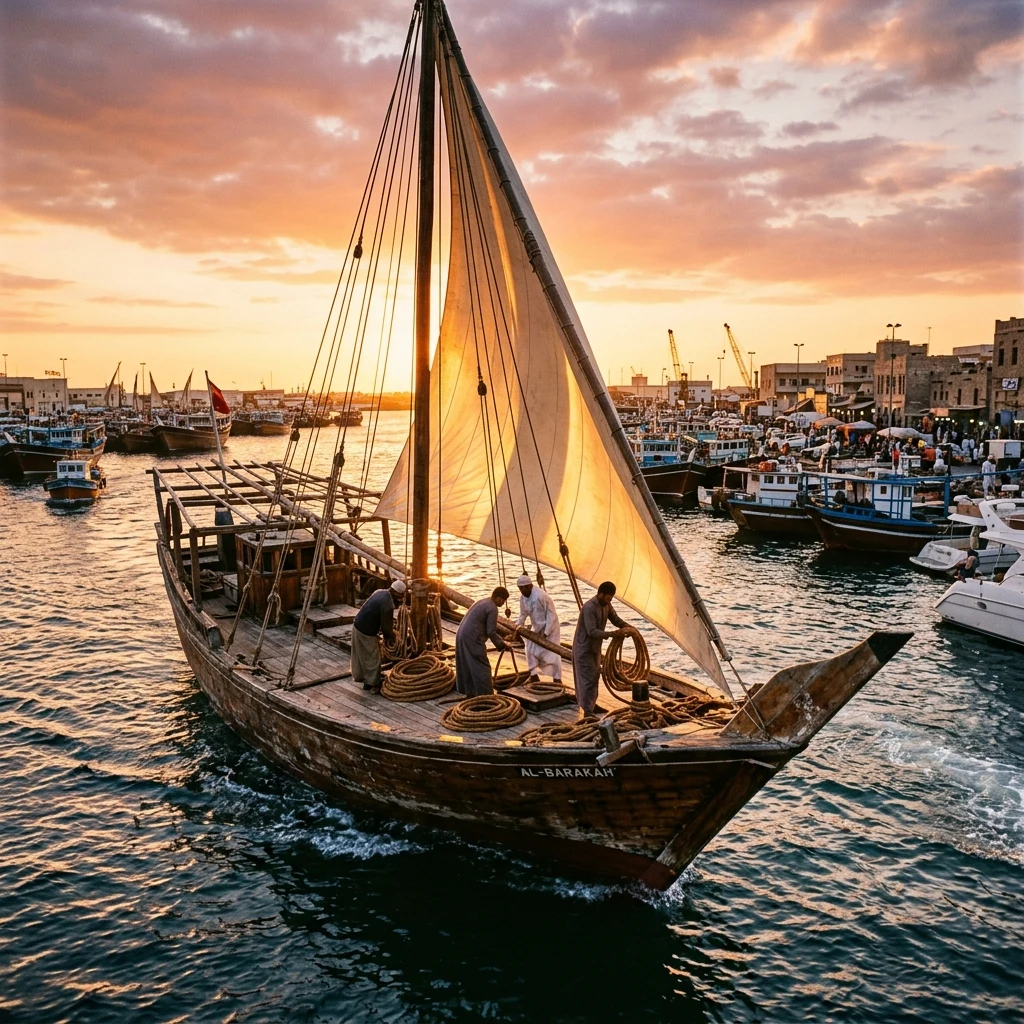 A wooden dhow returning to a harbor at golden hour