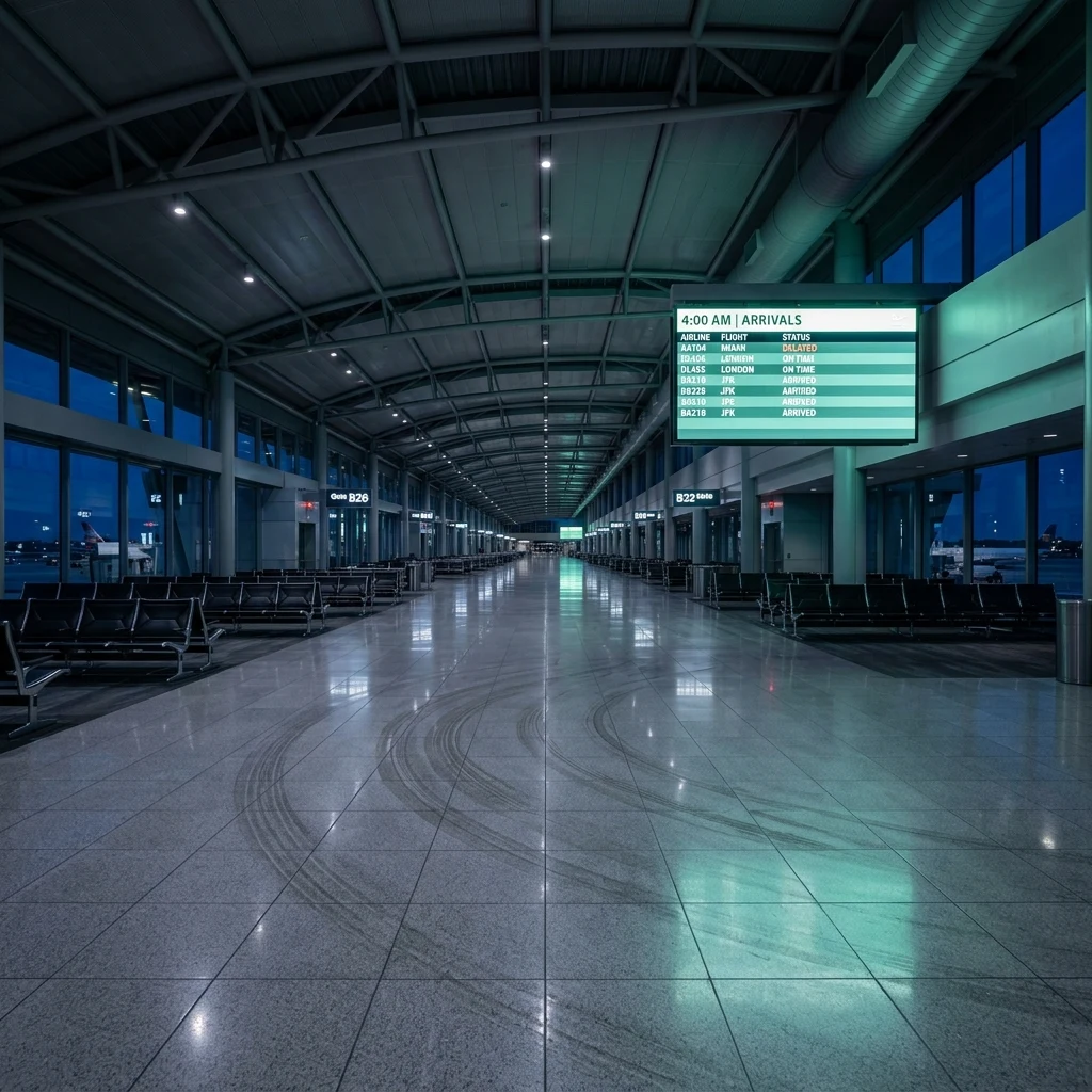 An airport terminal at 4 a.m. shot on a wide lens
