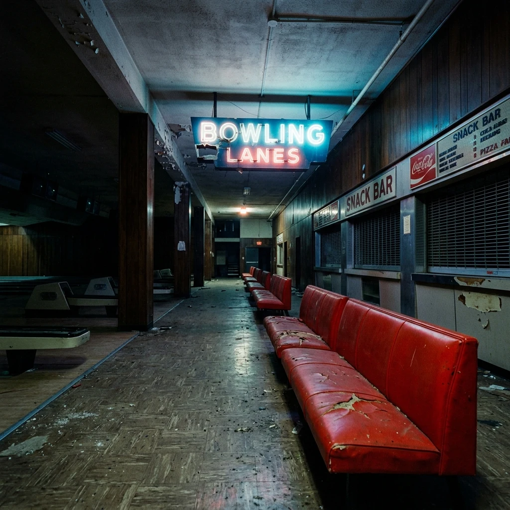 An abandoned bowling alley concourse