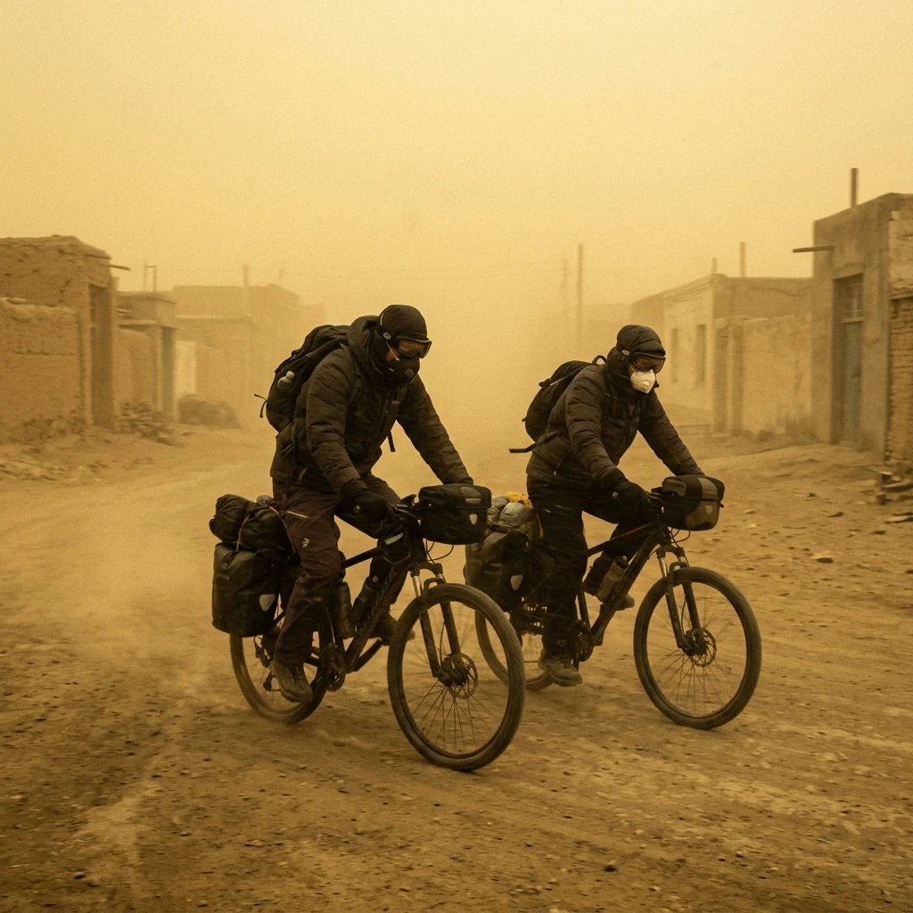 Cyclists riding through a dusty desert storm