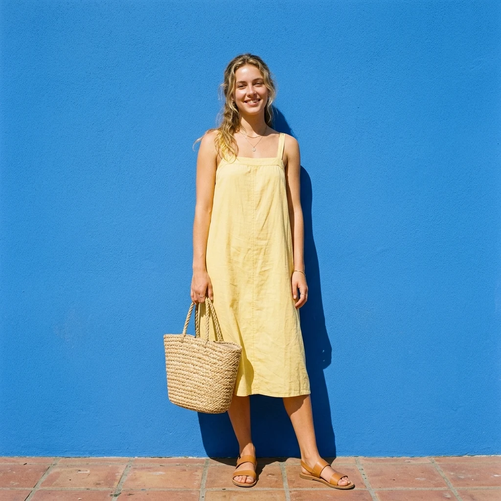 Summer style portrait against a blue wall