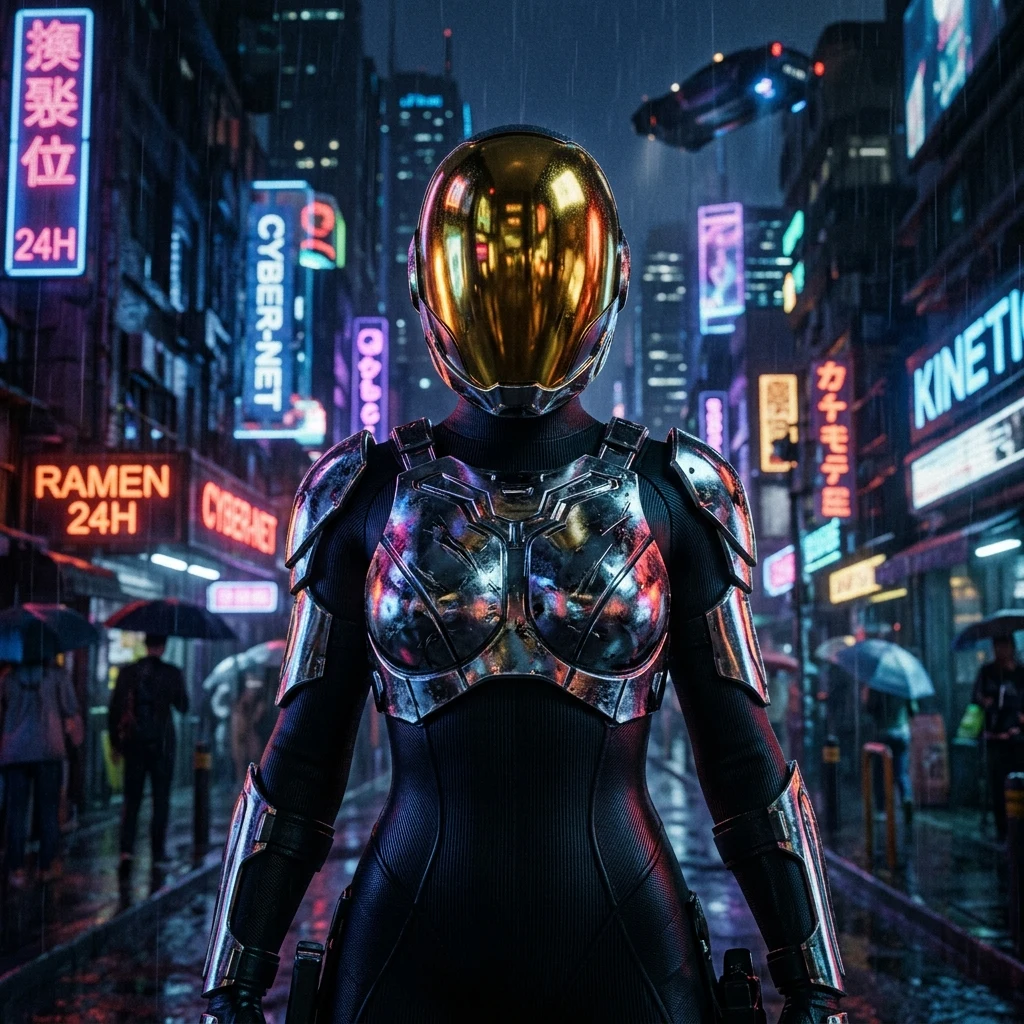 A female space courier wearing an asymmetrical chrome chestpiece over a ribbed neoprene…