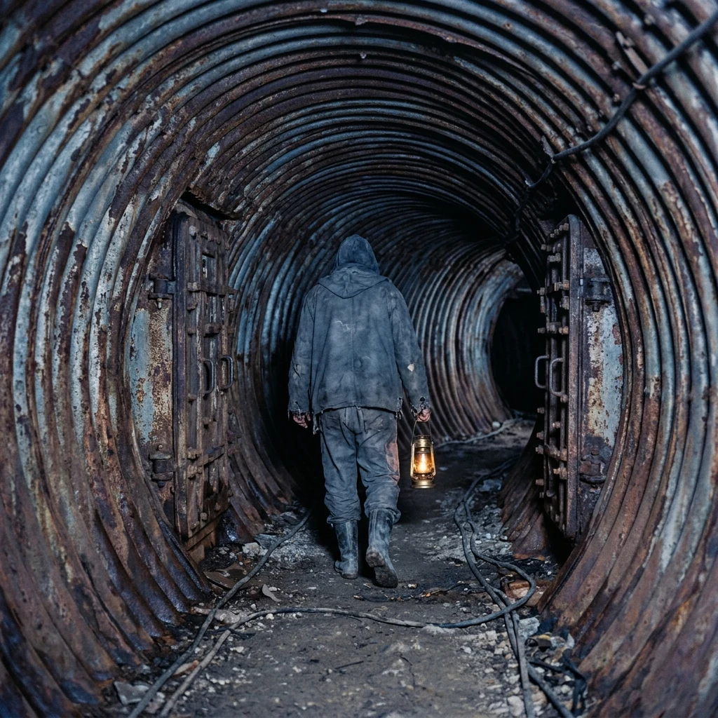 A claustrophobic bunker corridor constructed from heavy corrugated steel culvert pipe