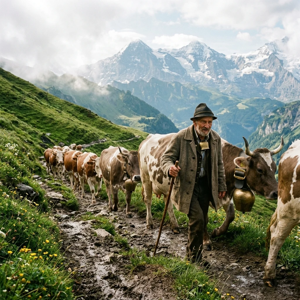 A Swiss cowherd moving cattle down a lush green Alpine meadow lane