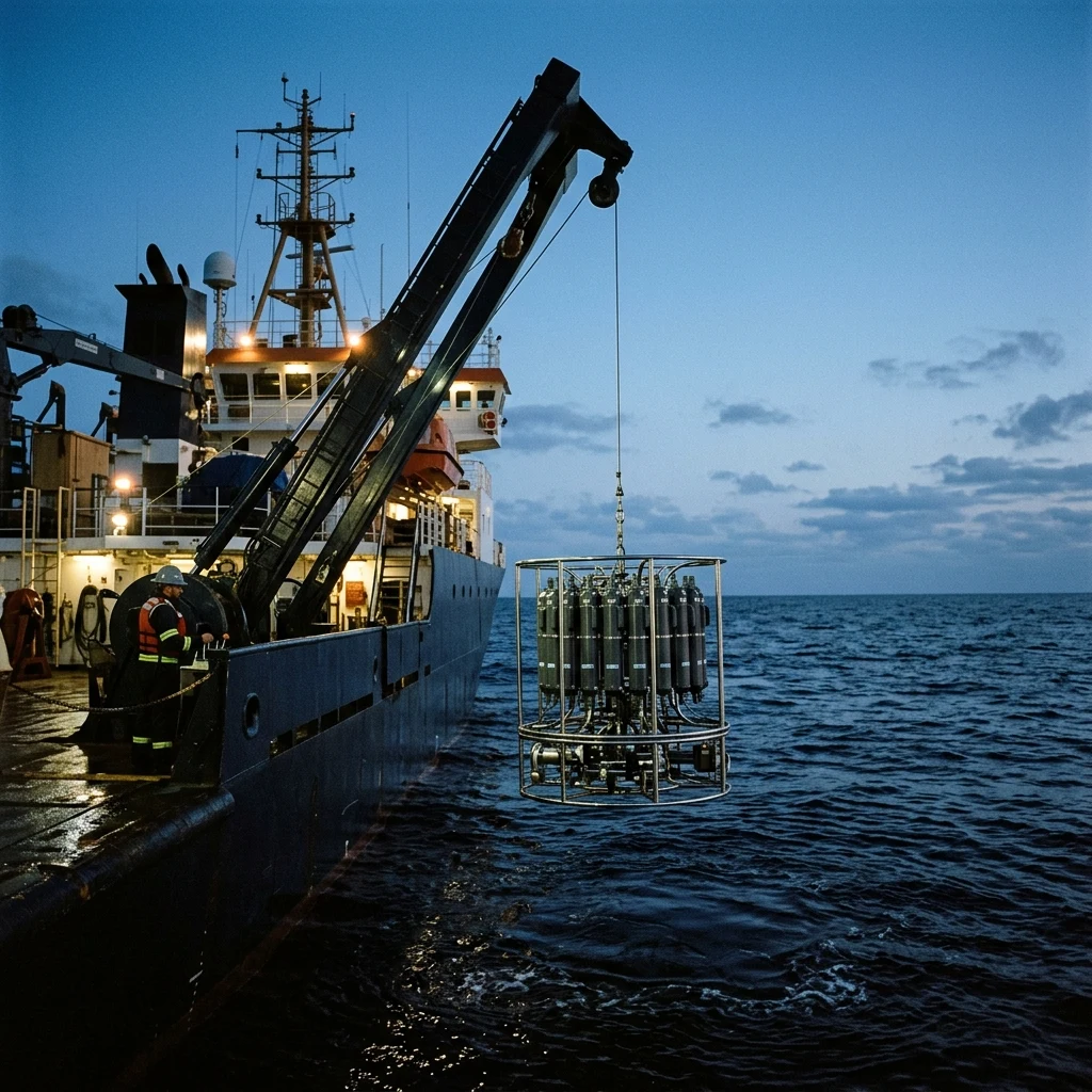 Research ship deploying equipment into the ocean