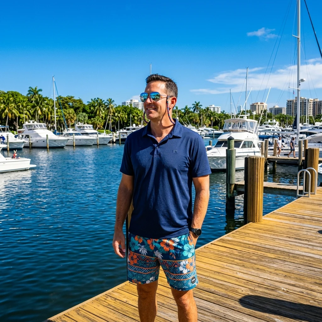 A man in a performance polo and boardshorts with sunglasses on a retainer