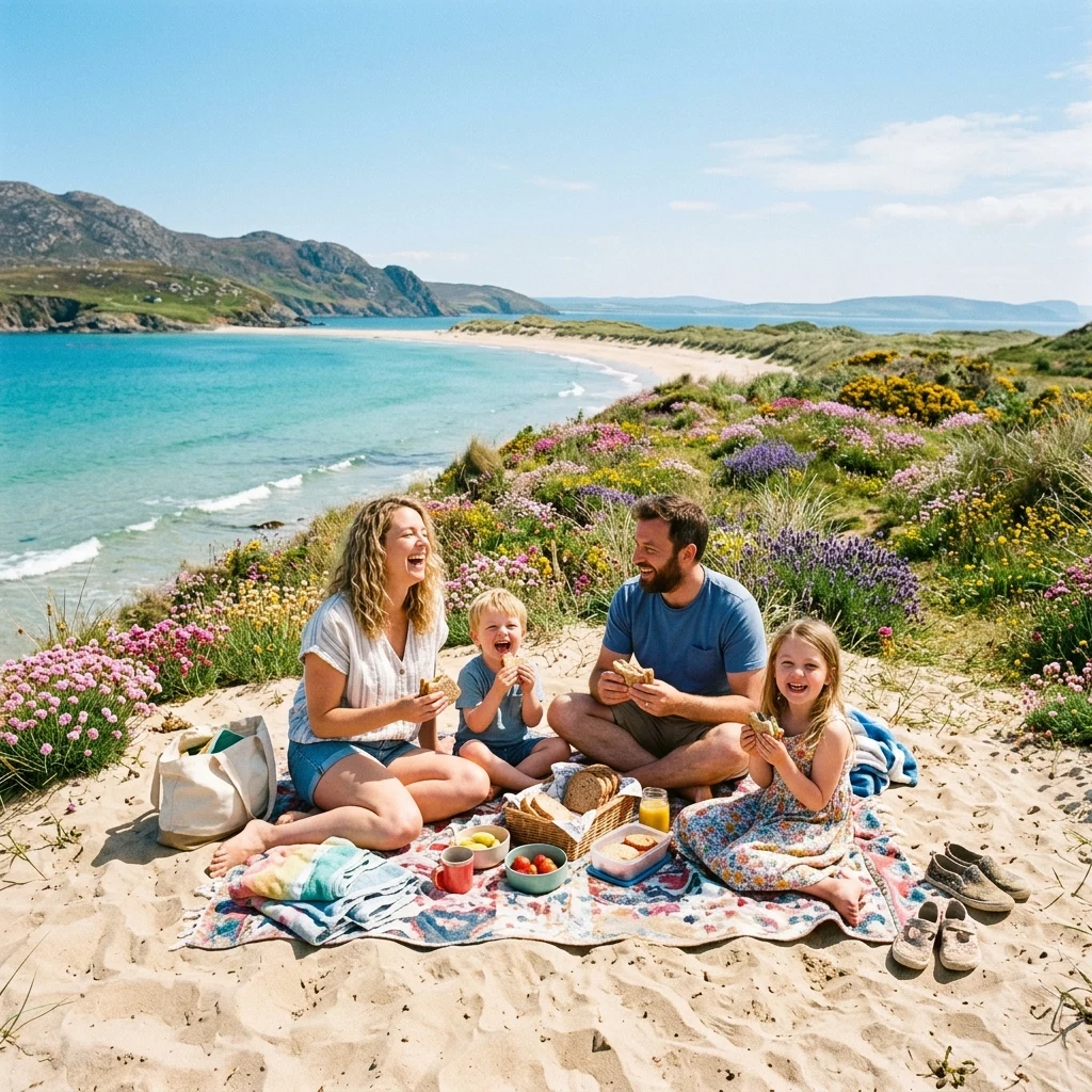 A family enjoying a picnic on a sandy spit along the Kinburn Peninsula