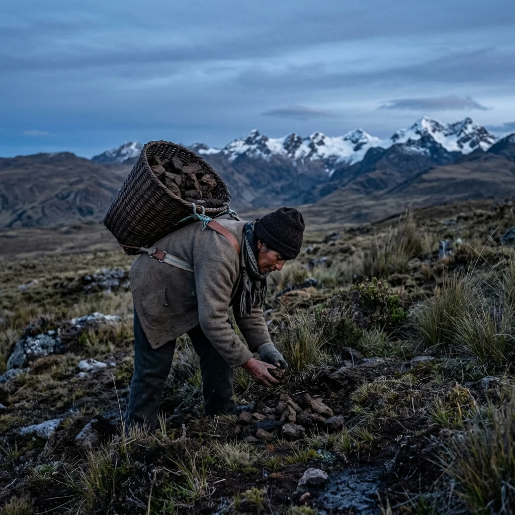 A woman gathering dried peat fuel on a windswept paramo at blue hour