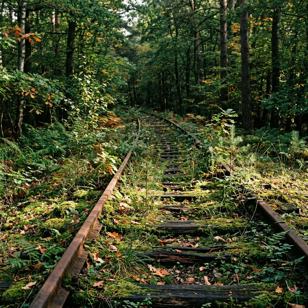 Old railway tracks reclaimed by forest growth