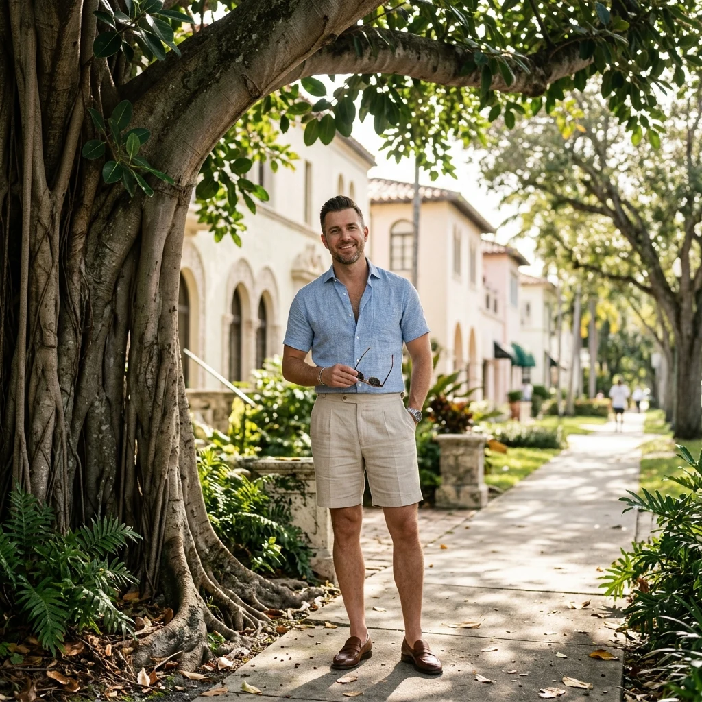 A man in a tailored short-sleeve shirt and pleated shorts with loafers