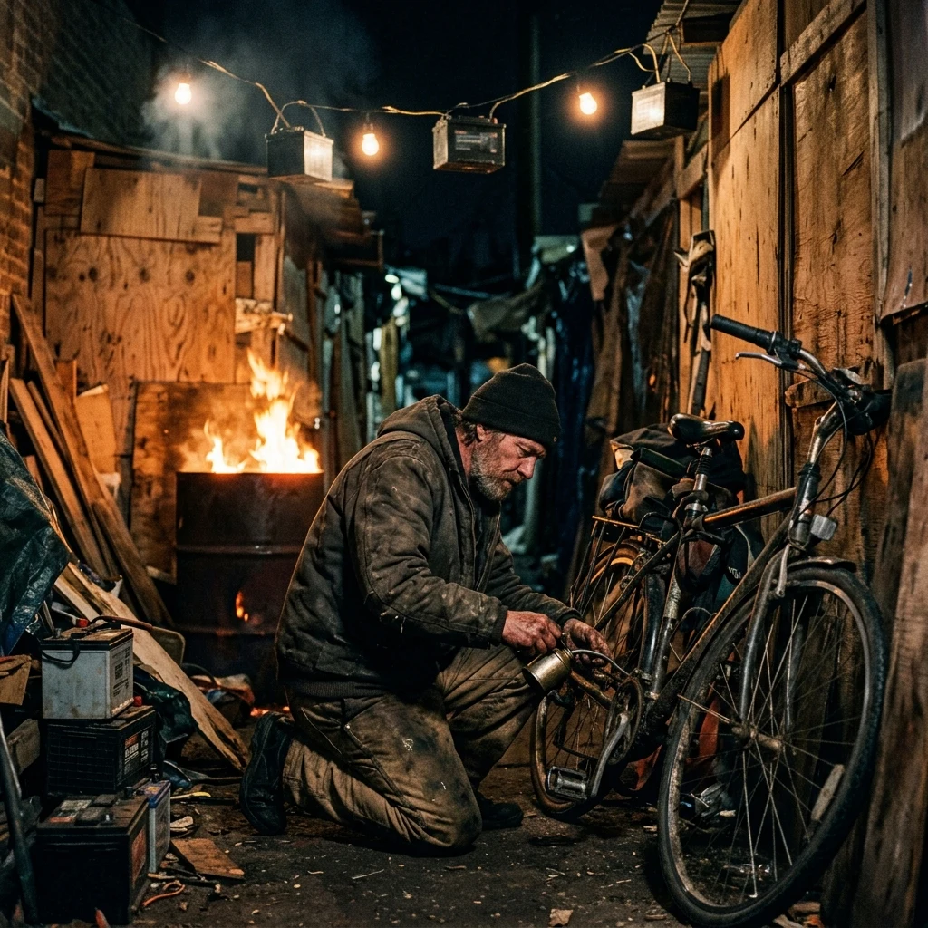 A night scene inside a densely packed urban shanty alleyway