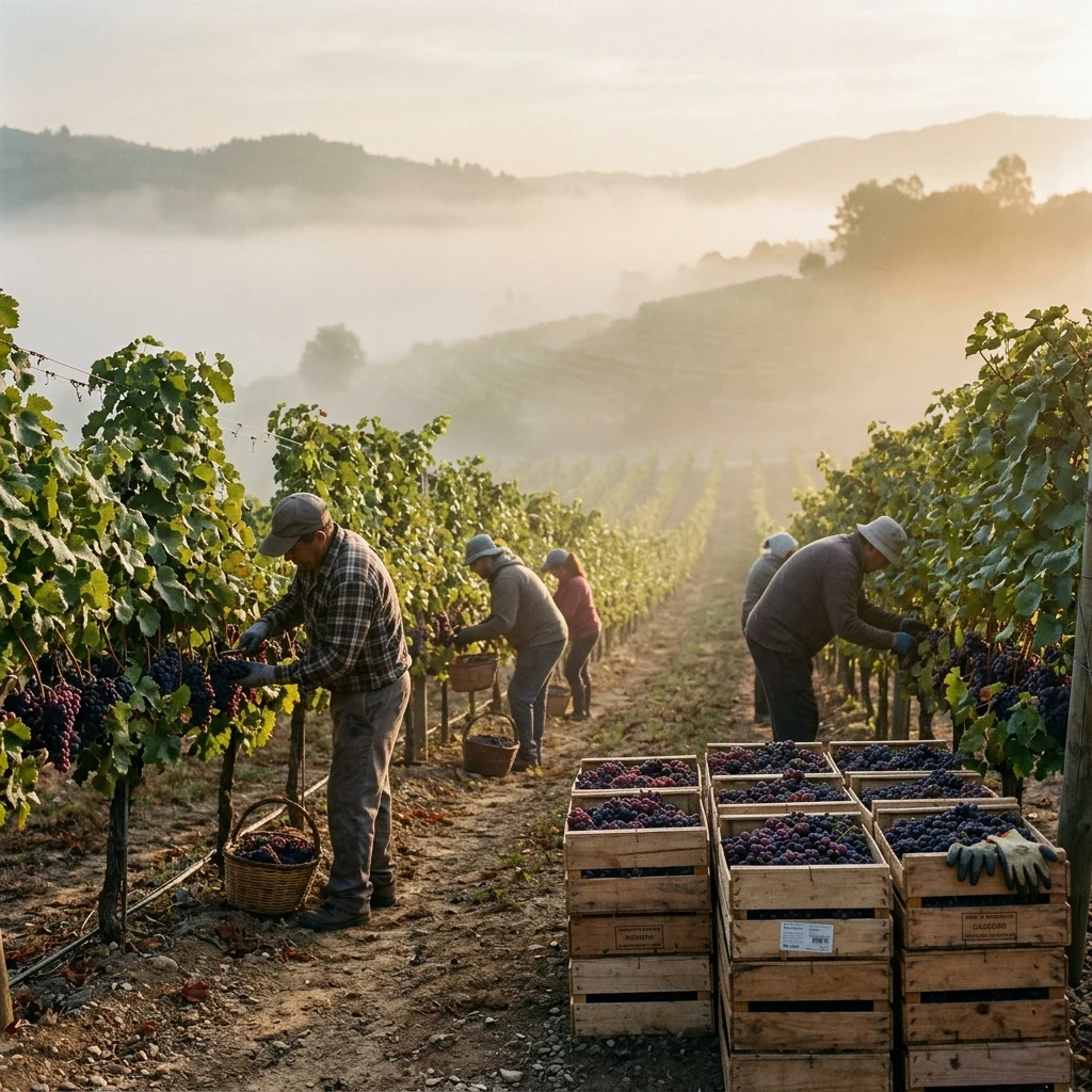A vineyard harvest with pickers moving down the rows in early fog