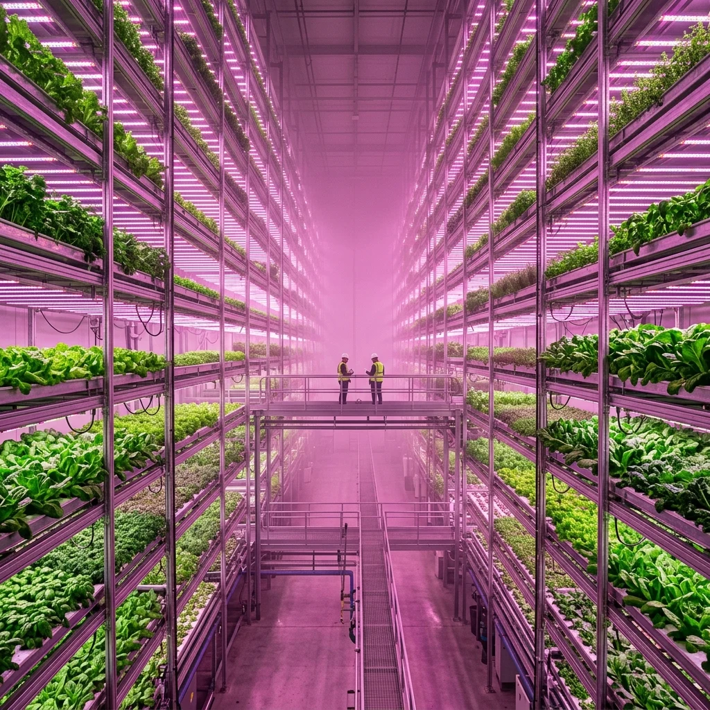 A vertical farm interior under magenta grow lights