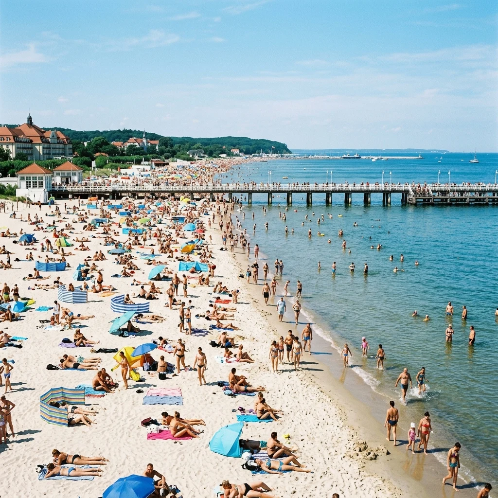 A packed summer shore at Sopot Beach