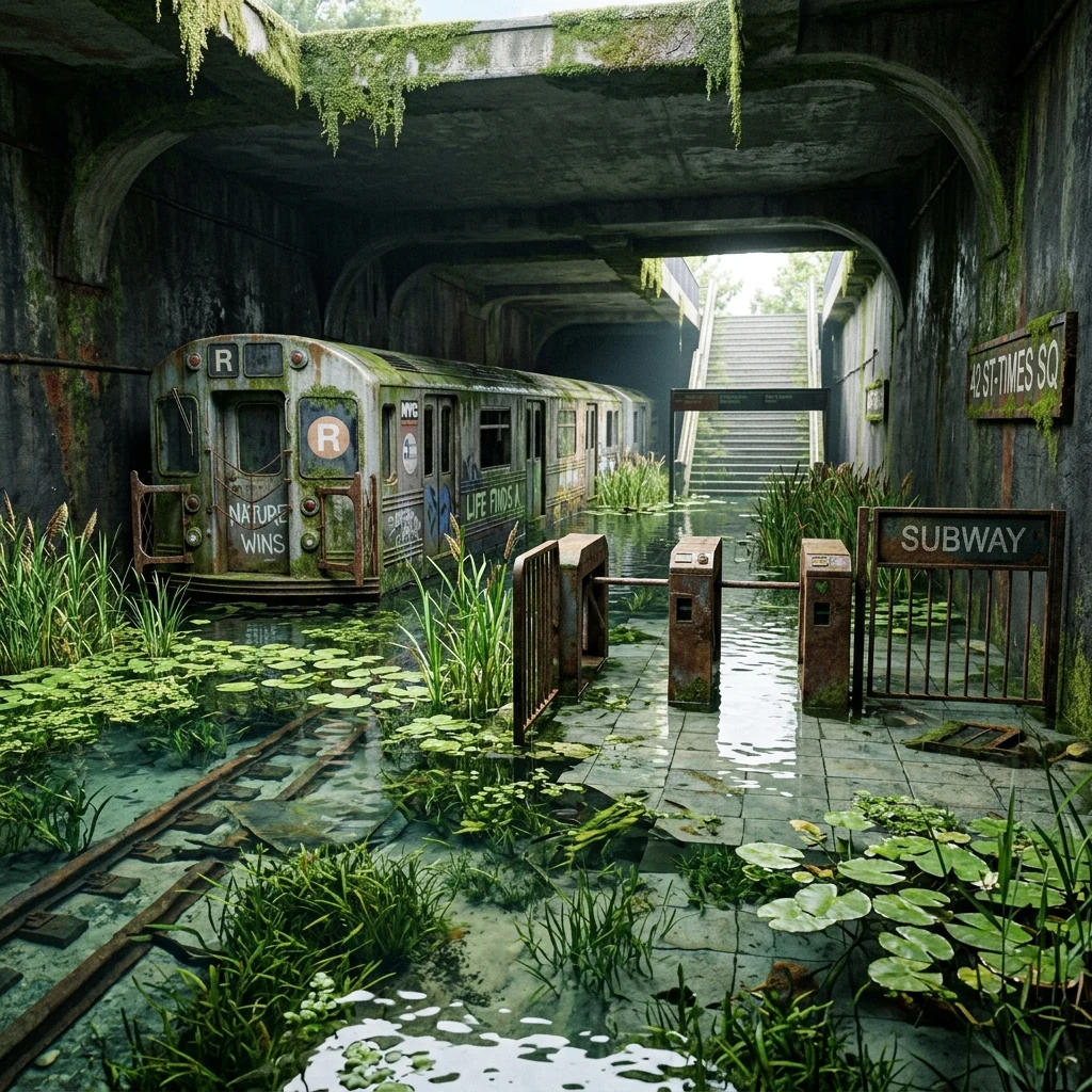 A flooded urban subway station transformed into a clear freshwater wetland
