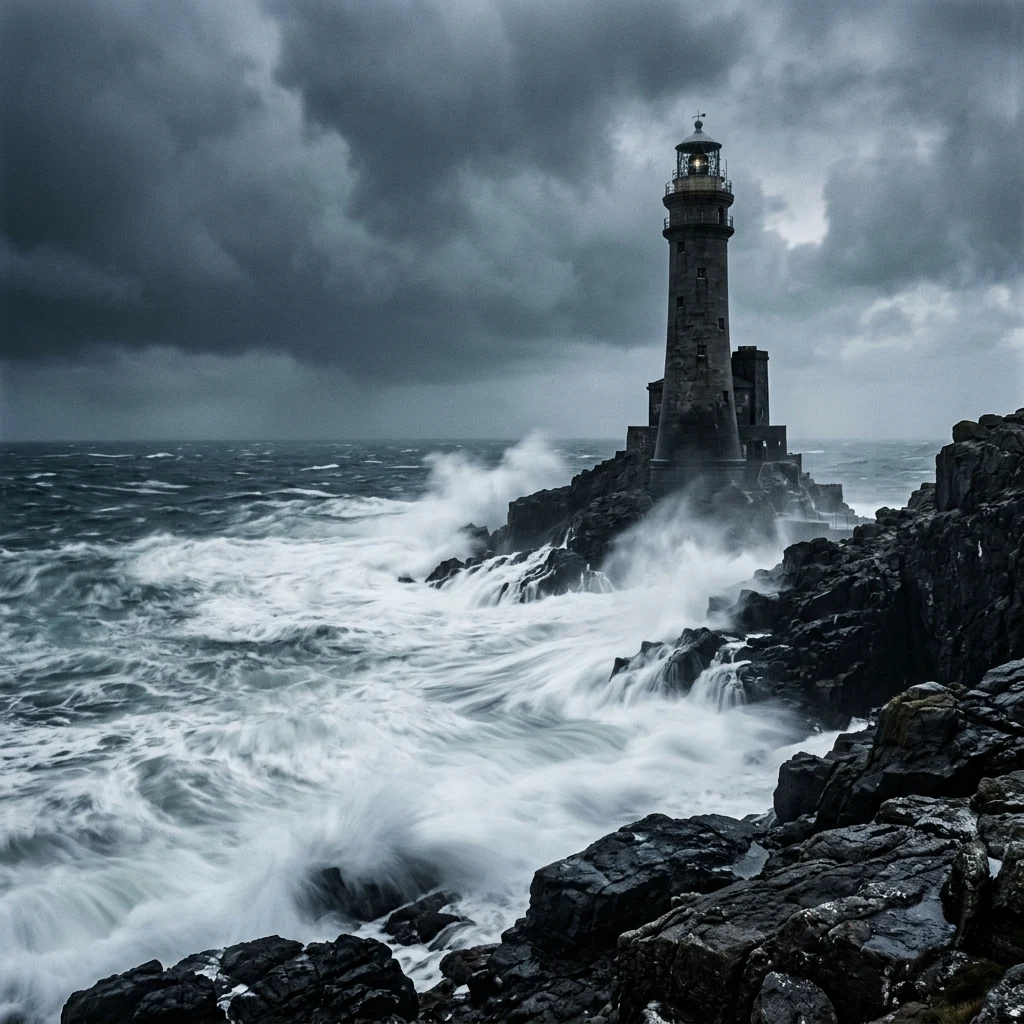 A granite lighthouse standing against forty-foot storm swells at high tide