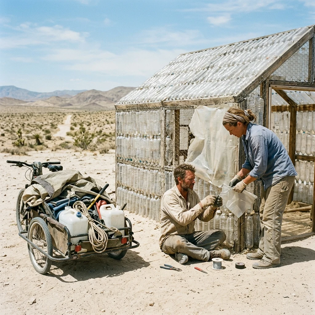 People repairing a desert greenhouse