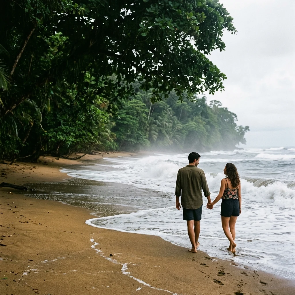 Couple walking along a tropical jungle beach
