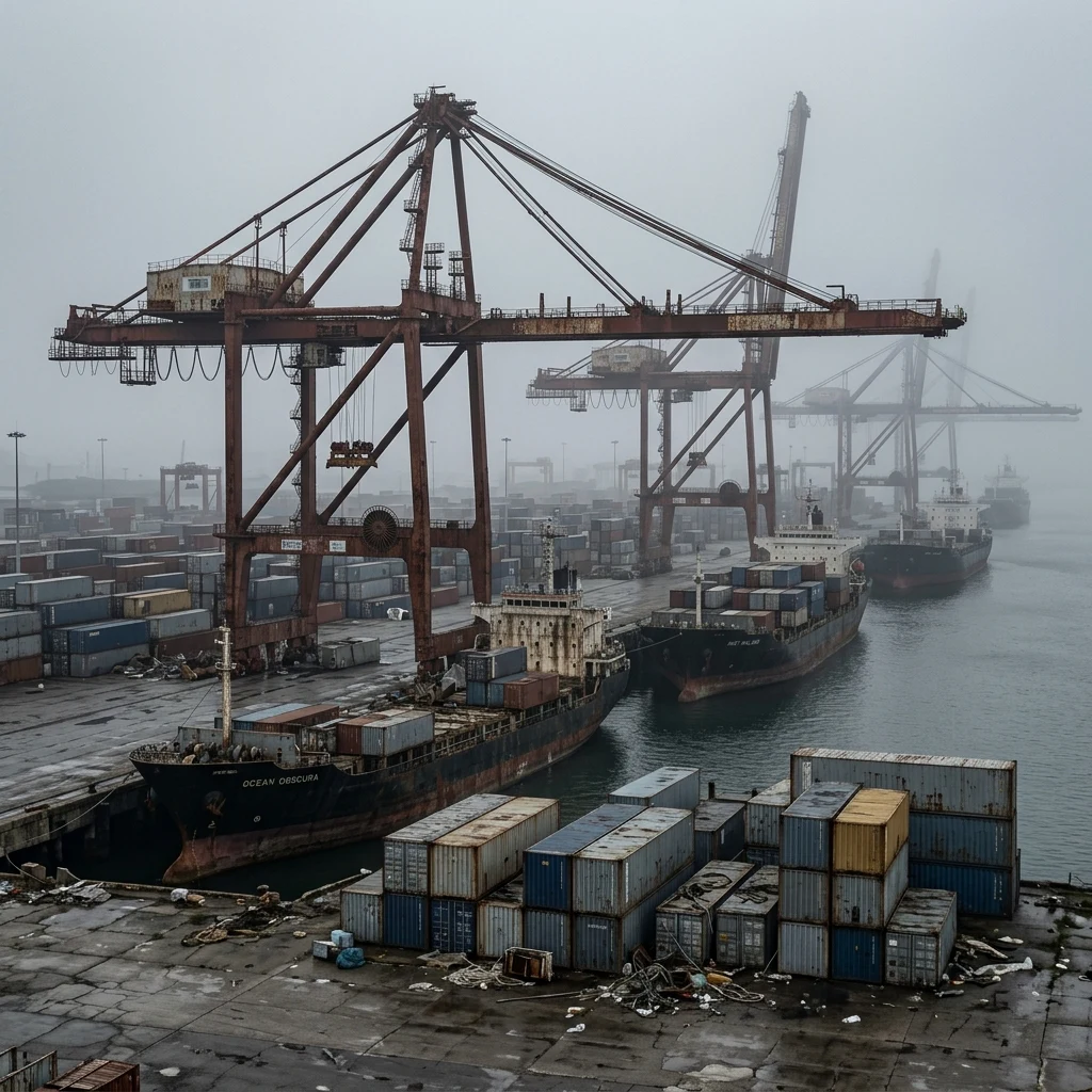 Abandoned cargo ships in a misty port