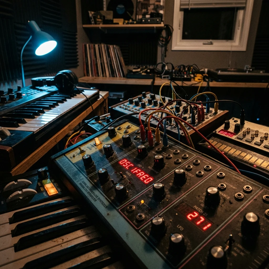 An analog synthesizer setup in a bedroom music studio at night