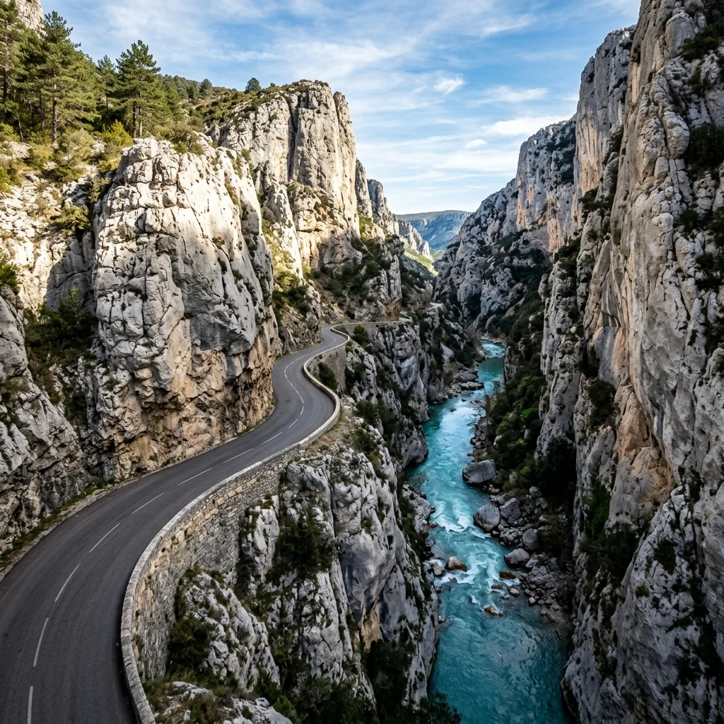 Winding road through a deep mountain gorge
