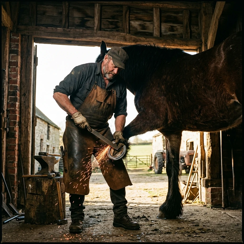 A farrier shoeing a draft horse in an open barn doorway