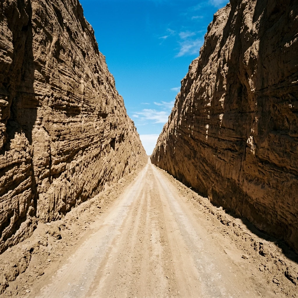 A plow-cut canyon road with four-meter walls on both sides