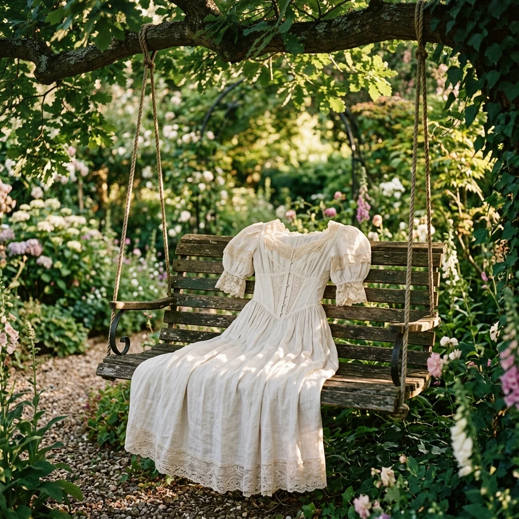 Victorian style gown hanging on a garden swing