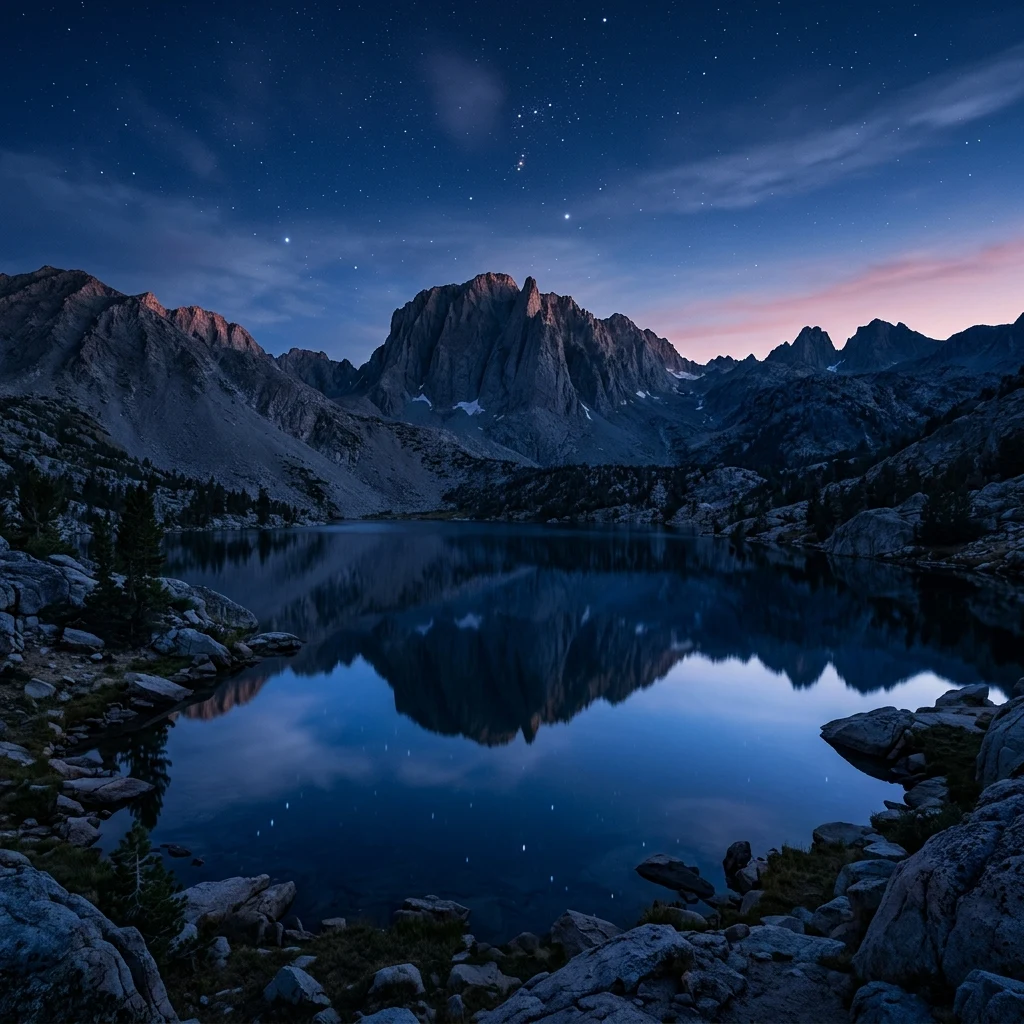 Reflections of Mount Whitney in a still alpine lake in the Sierra Nevada at blue hour