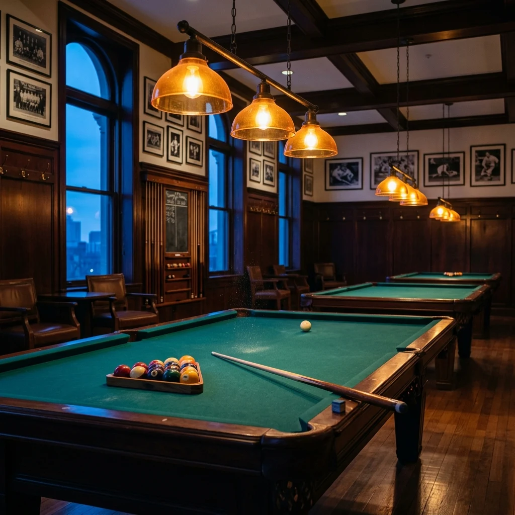 A quiet pool hall at blue hour