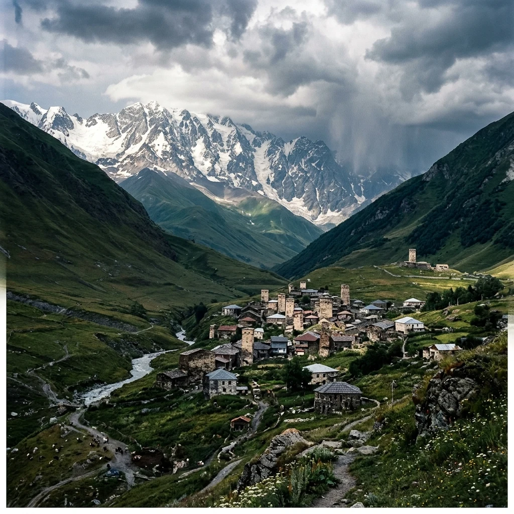 Epic landscape of a medieval stone watchtower village in the Georgian Caucasus
