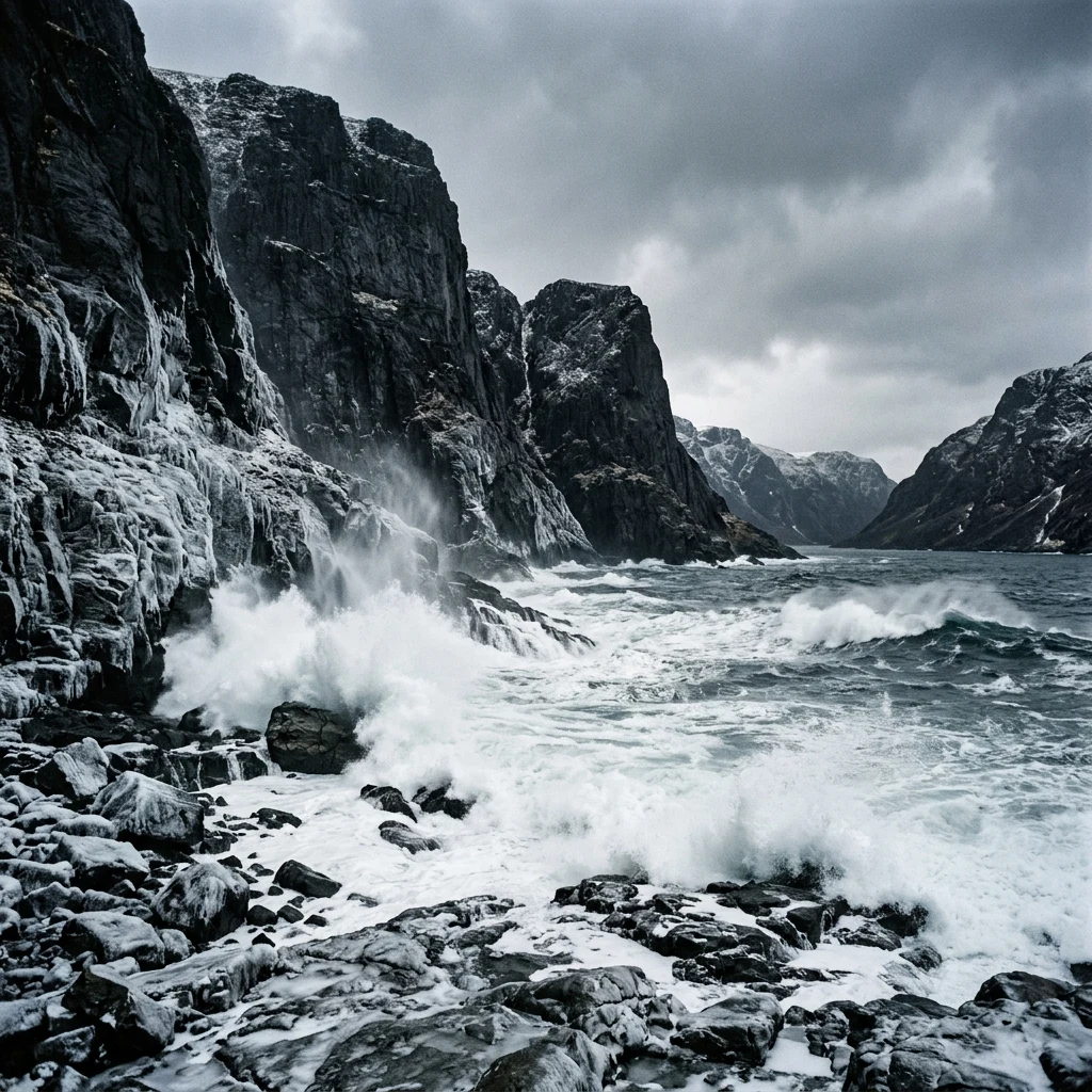 A towering coastal fjord in midwinter