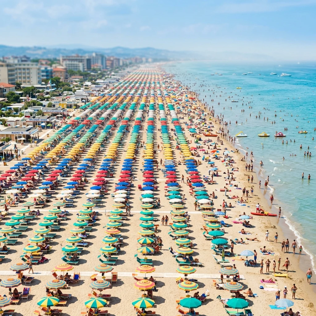 Colorful beach umbrellas along a busy coastline