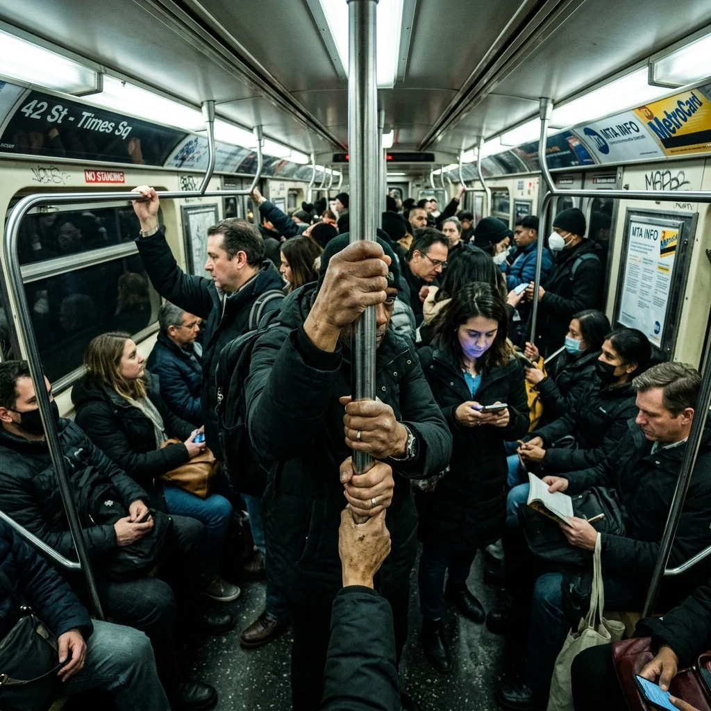 A subway car at rush hour shot on a 24mm from a corner seat